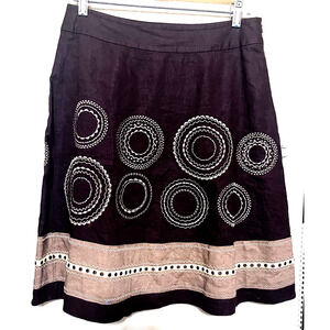 Talbots Womens Skirt 8 Petite Linen Brown A-Line Embroidered knee length